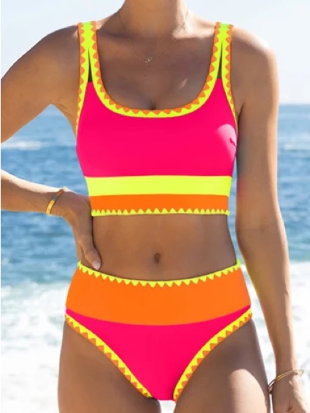 Neon Colorblock High-Waist Bikini and matching skirt - Pink & Orange